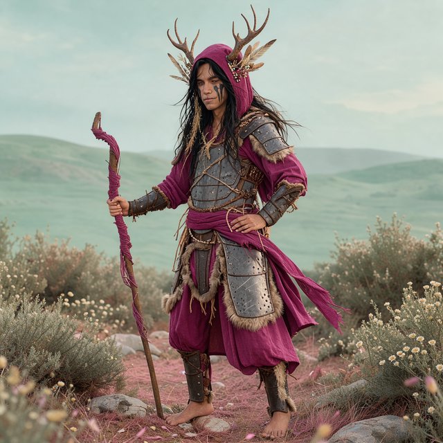 An image depicting a wild character dressed in magenta attire, an outfit, or armor. No text. A complementary pastel background. Lifestyle photography. — FLUX 3 Image Klein