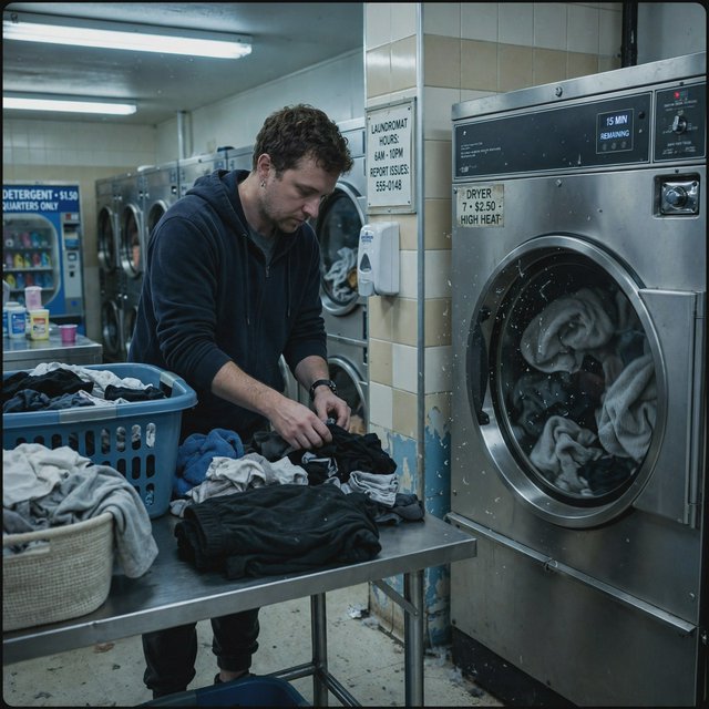 Candid documentary photograph of an adult sorting laundry in a neighborhood laundromat, cool fluorescent light, 35mm lens with moderate depth of field, lint specks floating near a tumbling dryer door. — Muse Image 1.0
