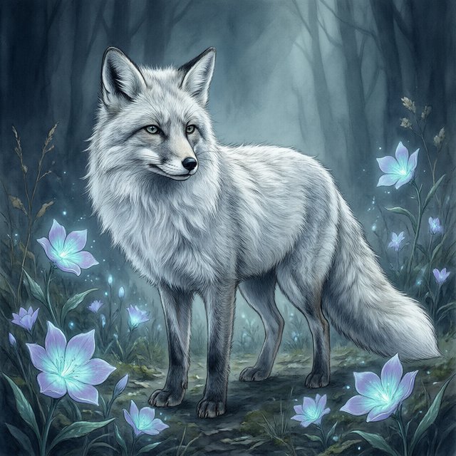 A majestic fox with fur like spun moonlight, standing in a clearing bathed in ethereal light. Bioluminescent flowers bloom around its paws, casting a soft, otherworldly glow. The scene is rendered in a detailed watercolor illustration style, with delicate brushstrokes and a muted, mystical color palette. Cinematic lighting emphasizes the magical ambiance. — Model 17