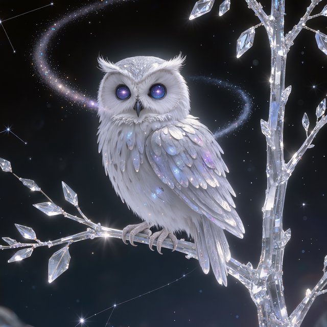 An ethereal owl with feathers made of shimmering moonlight and eyes like miniature galaxies, perched on a branch of a crystalline tree that grows in a void. Wisps of cosmic dust drift around it, and faint constellations are visible in the background. The scene evokes a sense of profound tranquility and celestial mystery. Style: Ethereal, surrealism, with a touch of photorealism. — Kling v3