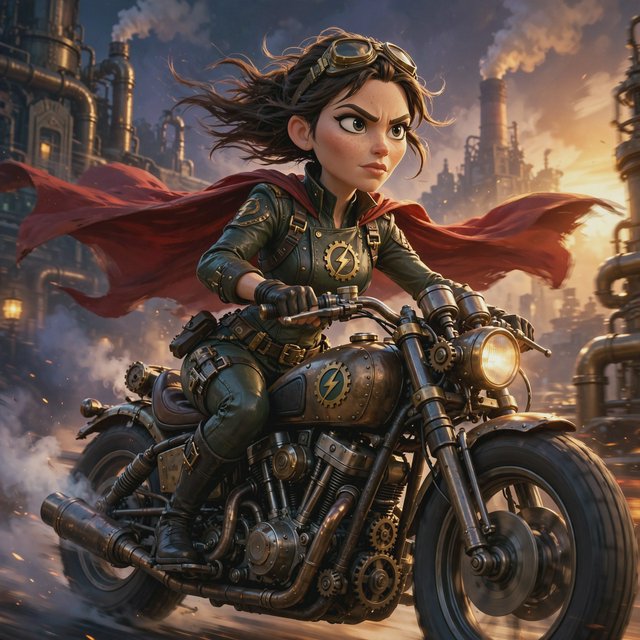 A modeled 3D character design featuring exaggerated, caricatured proportions and a striking silhouette—combined with subtle, nuanced skin shading and warm, cinematic rim lighting—creates an elegant aesthetic reminiscent of modern animated films. The result is a polished, stylized rendering characterized by rich color depth, expressive caricatured facial features, painterly texture details, and a dramatic, theatrical atmosphere typical of contemporary animation. An adult female superhero with a flowing cape on a moving motorcycle. Dieselpunk style. — Muse Image 1.0