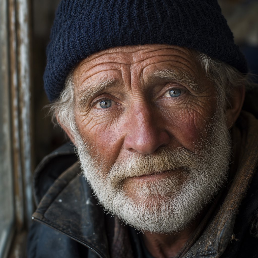 Close-up portrait of an elderly fisherman with deep wrinkles and a knitted cap, catchlights in the eyes, weathered skin texture, soft window light. — GPT Image 2