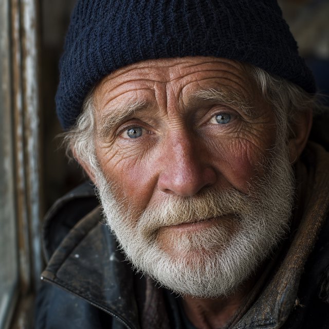 Close-up portrait of an elderly fisherman with deep wrinkles and a knitted cap, catchlights in the eyes, weathered skin texture, soft window light. — GPT Image 2