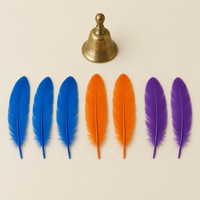 Exactly seven feathers lie on a cream tabletop: three blue on the left, two orange in the center, and two purple on the right. A brass bell sits above the orange pair, nothing else. — GPT Image 2.5 Flare