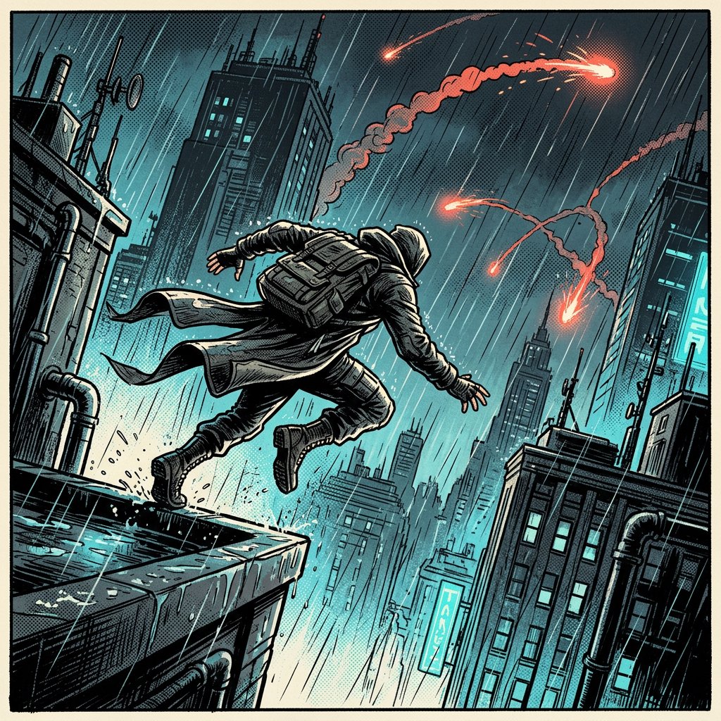 An adult rooftop courier vaults between rain-dark towers, coat snapping as signal flares streak behind; bold ink comic-panel illustration with dense halftone shadows, palette of electric cyan, vermilion, charcoal, and cream, no speech bubbles. — Nano Banana 2.1