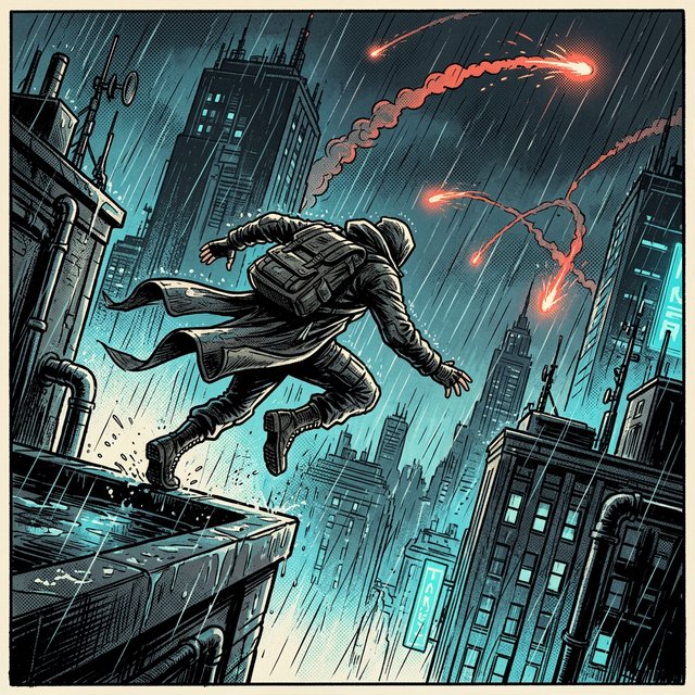 An adult rooftop courier vaults between rain-dark towers, coat snapping as signal flares streak behind; bold ink comic-panel illustration with dense halftone shadows, palette of electric cyan, vermilion, charcoal, and cream, no speech bubbles. — Nano Banana 2.1