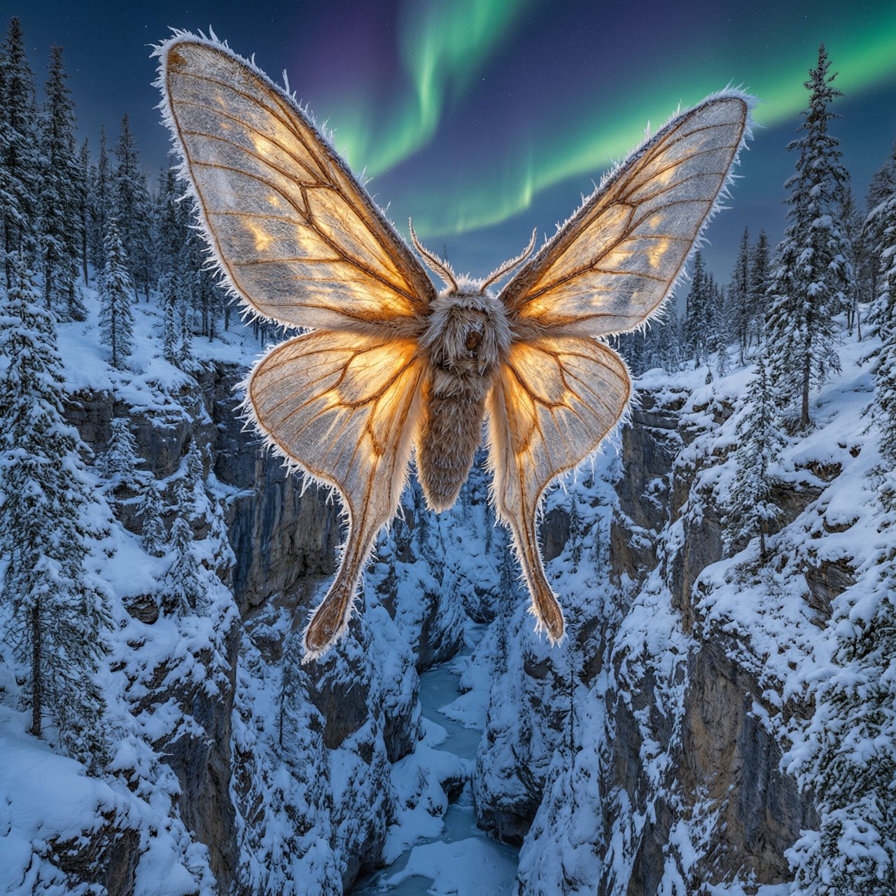 A cathedral-sized mothlike creature glides above a frozen ravine, its translucent wings veined with amber light and fringed with frost. Tiny mountain pines cling to the cliffs as aurora colors ripple across the snow. — Qwen Image 3.0 Pro