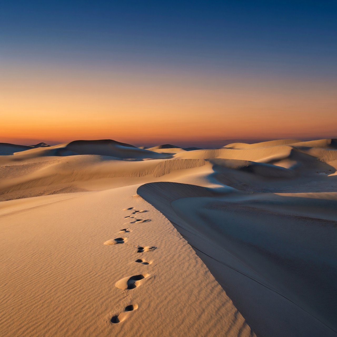 Sand dunes at sunset with wind-blown ridges, one set of footprints, deep blue sky fading to orange. — ImagineArt 2