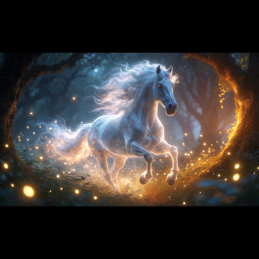A majestic horse with a spectral mane and tail gallops through an enchanted, moonlit forest. Glimmering fireflies illuminate the path, casting an ethereal glow on ancient trees. The horse appears translucent, as if it's a phantom from another realm. The style is digital art, with surrealism and cinematic lighting to enhance the mysterious atmosphere — Krea 2 Medium