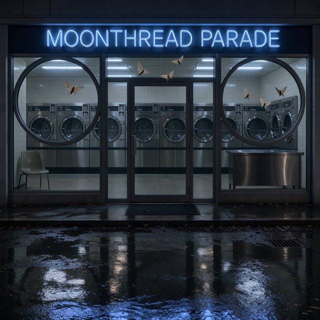 At midnight, moths circle the laundromat’s glowing round windows while chrome washing machines gleam inside; “MOONTHREAD PARADE” shines in icy blue neon above the entrance, reflected across the wet pavement, with no other lettering visible. — FLUX 3 Image