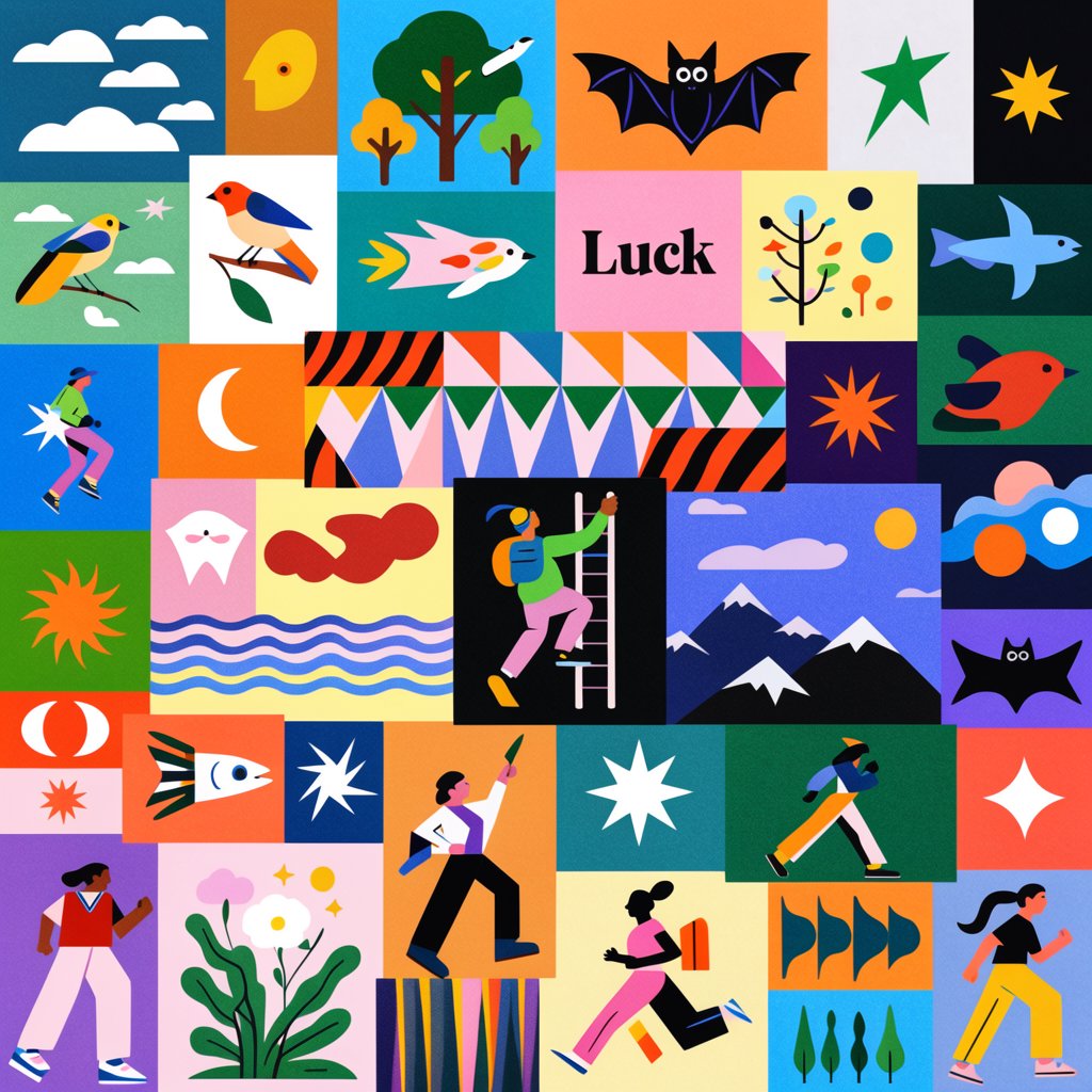 Many panels. Each panel represents an item, thing, creature, or scene that represents Luck. The word "Luck" appears at least once in the image. Be as creative as possible. — Krea 2 Large