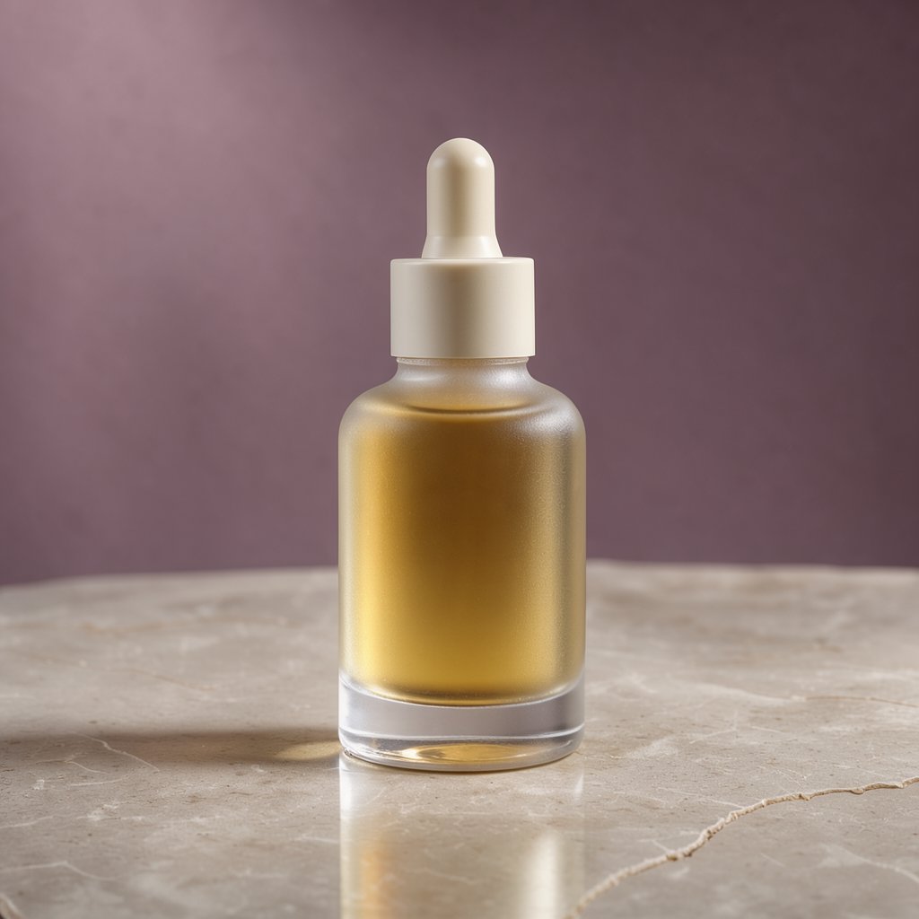 Under a broad diffused key and cool edge light, an unbranded frosted-glass serum bottle displays clear golden oil against a muted plum background, resting on honed pale travertine with its blank surface free of lettering. — FLUX 3 Image Klein