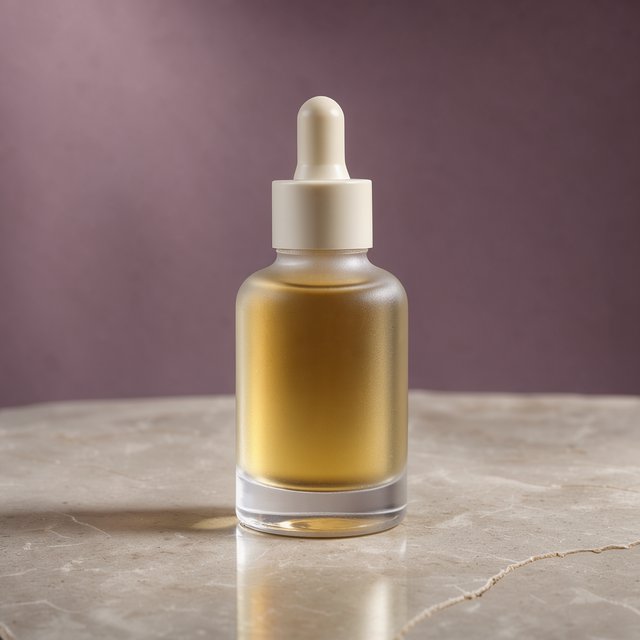 Under a broad diffused key and cool edge light, an unbranded frosted-glass serum bottle displays clear golden oil against a muted plum background, resting on honed pale travertine with its blank surface free of lettering. — FLUX 3 Image Klein