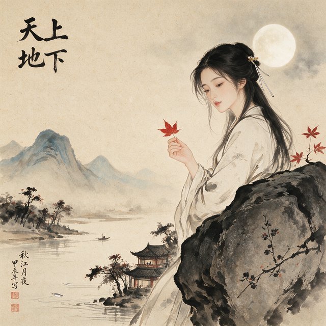 Heaven above, earth below. Ink-painting studio. Chinese painting style. Alluring. Peerless adult beauty. Radiant. — Seedream 5.0 Pro
