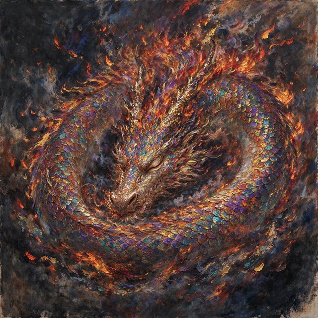 An abstract tapestry woven from the dreams of a sleeping dragon, depicted as a chaotic yet beautiful explosion of iridescent scales, fiery embers, and swirling smoke. The composition is dynamic and energetic, with bold brushstrokes and a rich, textured surface. The style is abstract expressionism, capturing the raw, untamed essence of draconic power. — Seedream 5.0 Flash