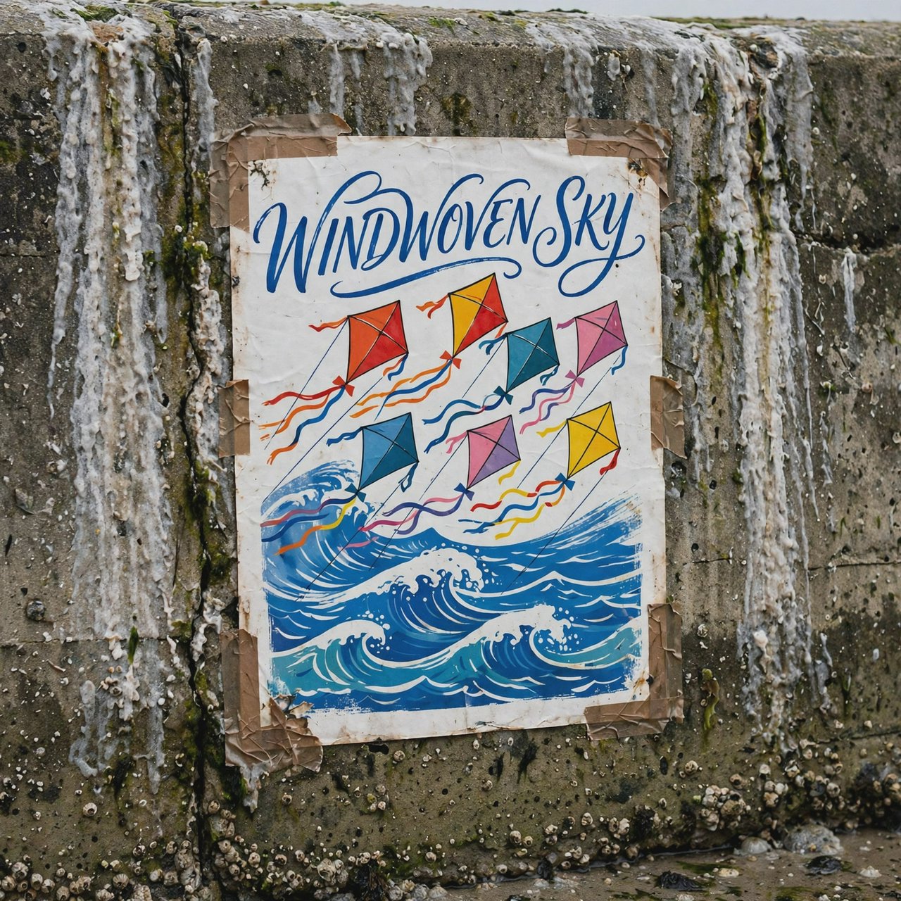 On a salt-stained seawall, a printed poster for a kite-making exhibition shows bright diamond kites sweeping above blue waves; “WINDWOVEN SKY” is screen-printed in sweeping cobalt script, with no other legible writing. — Muse Image 1.0