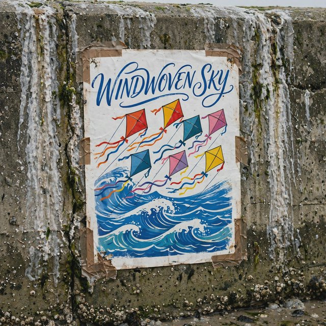 On a salt-stained seawall, a printed poster for a kite-making exhibition shows bright diamond kites sweeping above blue waves; “WINDWOVEN SKY” is screen-printed in sweeping cobalt script, with no other legible writing. — Model 14