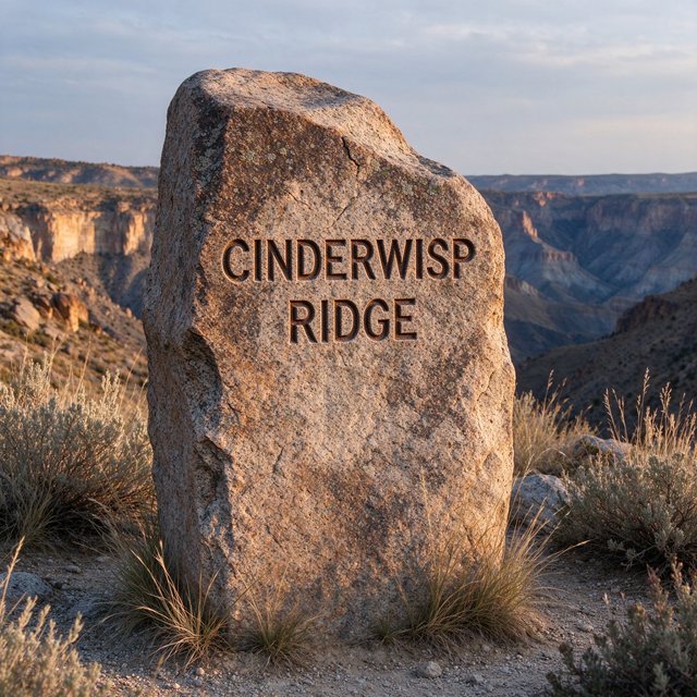 At a high desert canyon overlook, a weathered granite trail marker rises among sage and pale grasses; "CINDERWISP RIDGE" is deeply carved across its broad face, the cut letters catching slanting amber light. — Seedream 5.0 Flash