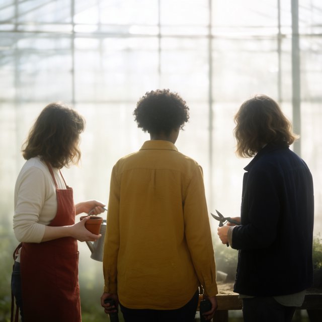 At a quiet greenhouse bench, exactly three adult botanists stand in a row: left wears a rust-red apron and holds a watering can, center wears a mustard shirt and holds a terracotta pot, right wears a navy jacket and holds pruning shears; nothing else. — Krea 2 Large