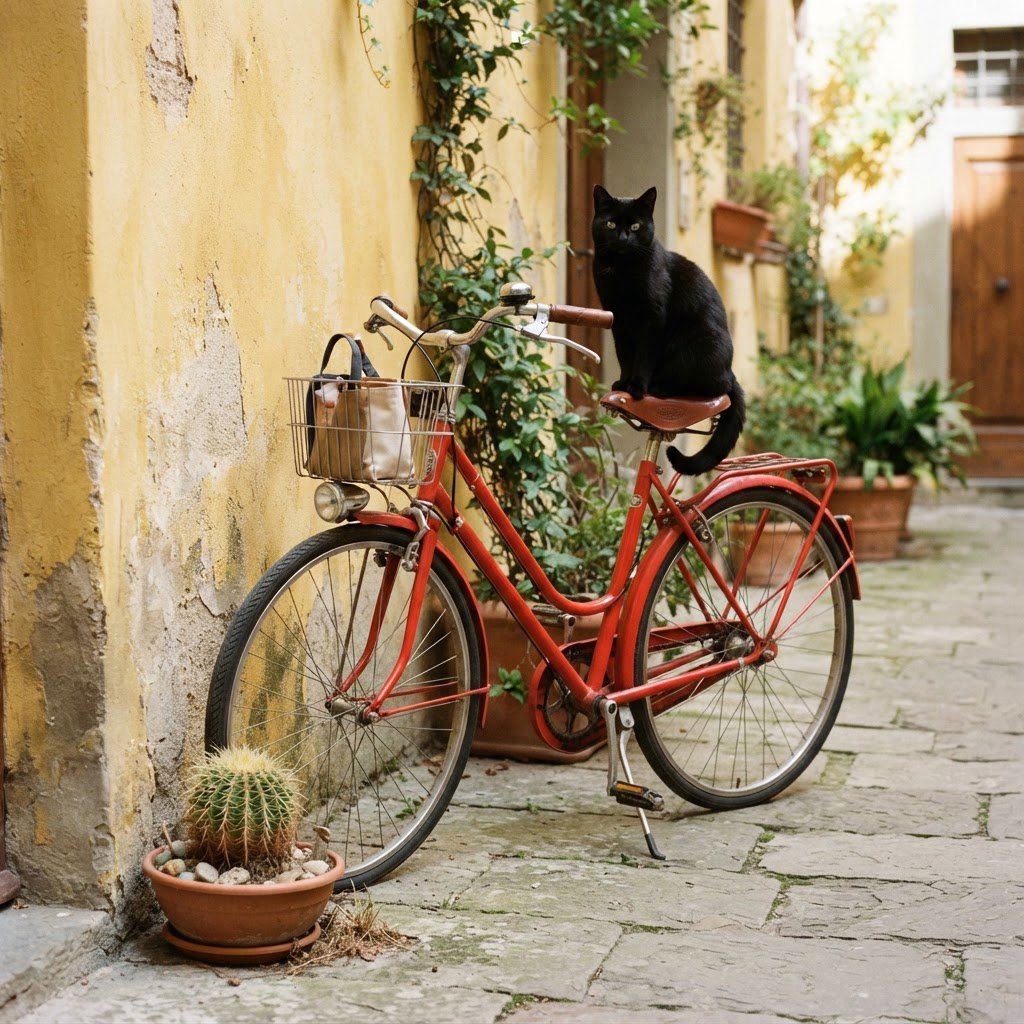 A red bicycle leaning against a yellow wall, a black cat sitting on the bicycle's saddle, a small potted cactus to the left of the bicycle. — Nano Banana 2 Lite