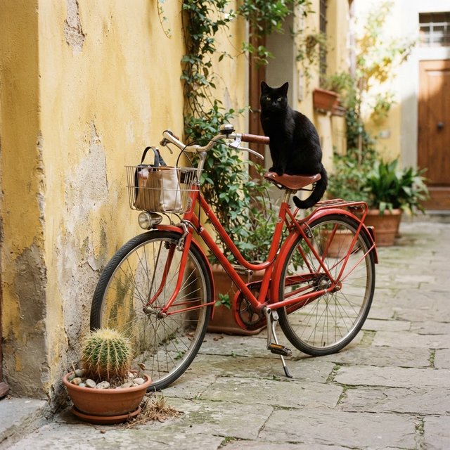 A red bicycle leaning against a yellow wall, a black cat sitting on the bicycle's saddle, a small potted cactus to the left of the bicycle. — Nano Banana 2 Lite