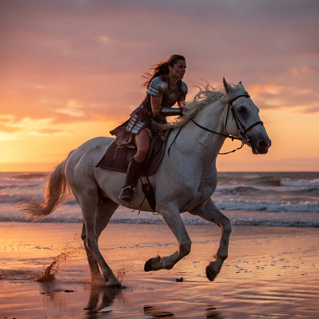 An adult female warrior on her white steed galloping along a fine-sand beach at sunset. — ImagineArt 2