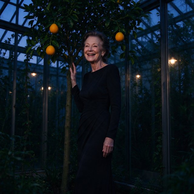 At a quiet rooftop conservatory, an adult woman in her early sixties wears a long-sleeved black evening gown, caught laughing softly beside a citrus tree as blue-hour light spills through the glass; poised styling brings fashion-magazine polish. — Model 19