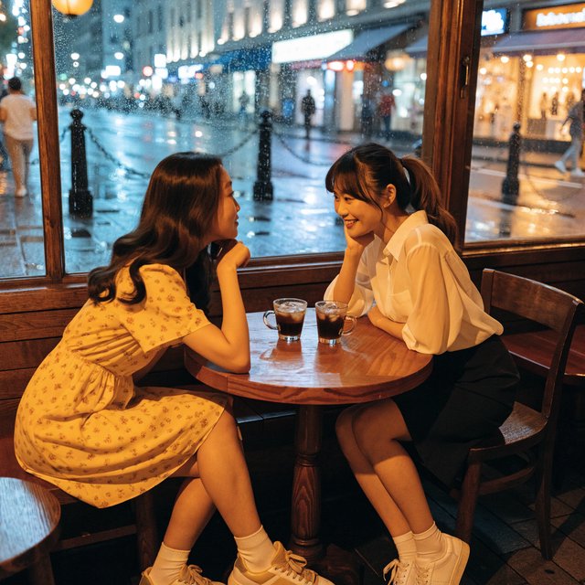 A cozy nighttime café scene featuring two young adult Chinese women seated at a table by a window. One wears a yellow dress, and the other, seated opposite her, wears a white blouse and black skirt. They are chatting warmly with each other, with two cups of coffee on the table. Outside the window, a lively shopping street glows with evening lights, creating a relaxed, intimate, and cinematic atmosphere. — Recraft v4 Pro