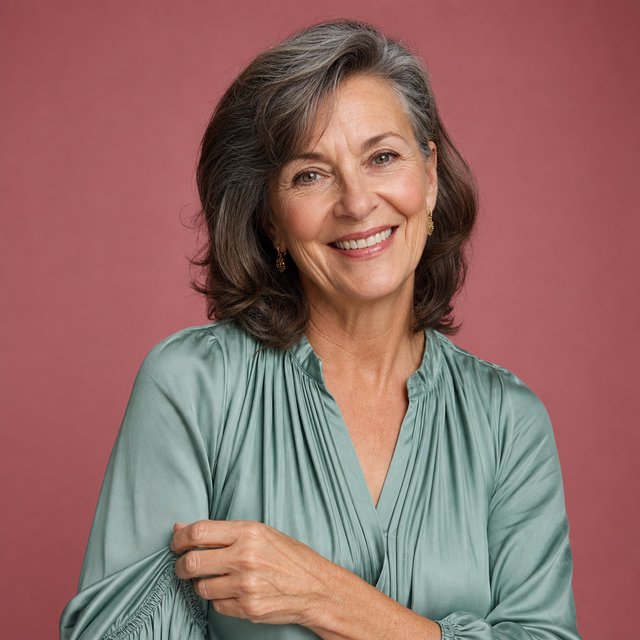 Portrait photograph of an adult woman in her early 60s wearing a softly pleated sea-green silk blouse, hands brushing its gathered sleeve fabric. Her amused, open expression stands against a matte rose backdrop, illuminated by broad, gentle studio light. — GPT Image 2