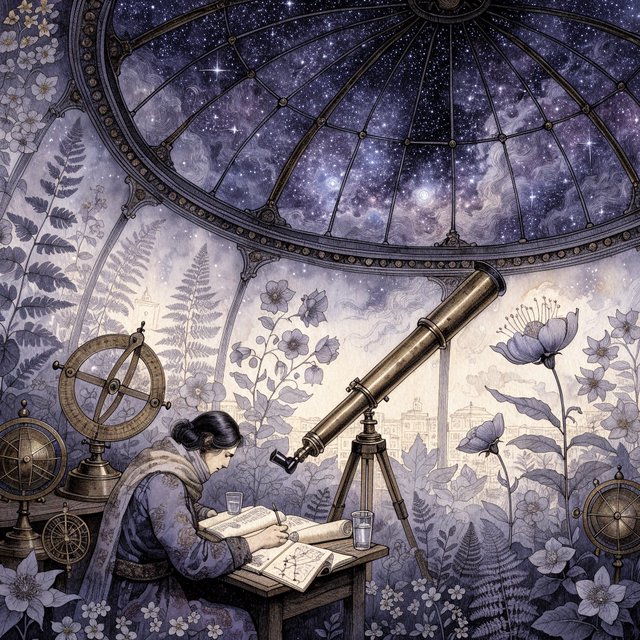 Ink-and-watercolour illustration of an adult astronomer mapping constellations from a glass-domed observatory, surrounded by brass instruments and flowering night plants. Indigo, lavender, and pale gold palette, delicate linework, serene atmospheric detail. — Recraft v4