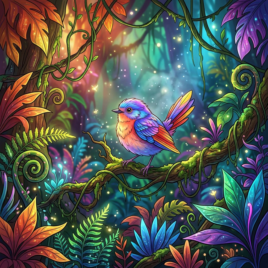 Create a vibrant digital artwork with clean lines depicting a small, colorful bird in the jungle. Combine rich, warm tones—such as soft orange, bold red, and dynamic yellow—with cool colors like brilliant blue, emerald green, and radiant violet. The atmosphere should feel fairytale-like, enhanced by striking lighting that underscores the scene's magic. Use bright, bold colors harmoniously to create a balanced composition. The overall style should be imaginative and captivating, transporting the viewer to another world. — Nano Banana 2.1