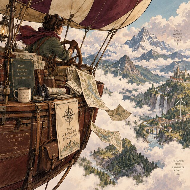 Ink-and-gouache illustration of an adult cartographer steering a small airship above a cloud-filled mountain valley, maps fluttering from the cabin and wind turbines turning below. Palette of emerald, ochre, plum, and cream, with lively linework and atmospheric washes. — GPT Image 2.5 Sunburst