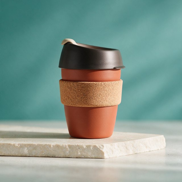 Commercial product photograph of an unbranded insulated travel mug made from matte terracotta powder-coated steel with a cork grip, standing on a pale limestone slab against a soft teal background, lit by broad diffused window light and a gentle edge light. — Seedream 5.0 Pro
