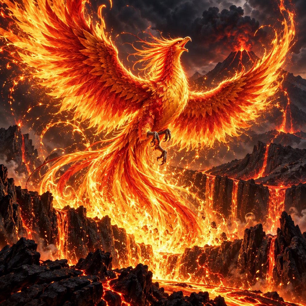 A majestic phoenix rising from a cascade of molten gold and shimmering embers against a backdrop of a dark, volcanic caldera. Its feathers are ablaze with brilliant oranges, reds, and fiery yellows. The air around it crackles with heat and energy. Style: Epic fantasy art with dynamic composition and vibrant color contrast — GPT Image 2.5 Sunburst