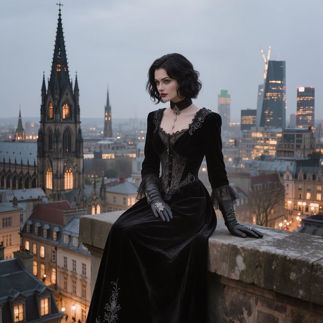 A whimsical gothic woman sitting on a ledge overlooking the city. — Kling v3