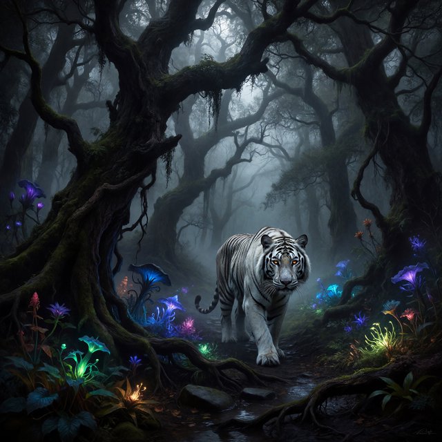 A majestic white tiger with eyes like molten gold, walking through a misty, ancient forest. Strange, bioluminescent flora casts an ethereal glow on the gnarled trees and moss-covered stones. The atmosphere is one of profound mystery and quiet solitude. Rendered in the style of detailed matte painting with a touch of dark fantasy concept art. — ImagineArt 1.5 Pro