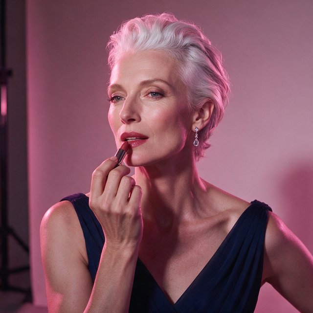 A silver-haired adult woman in a midnight-blue evening gown pauses with lipstick freshly applied, her composed gaze turned slightly aside; diffused rose studio light defines her face and shoulders, with restrained makeup and the polished finish of a fashion magazine. — Model 20