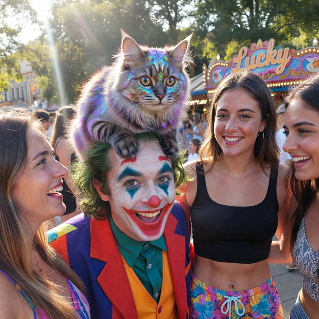 Realistic. Four to five adults having a very lucky day. One of the people is a clown with a very strange cat on their head. Another is wearing a black crop top and multicolored shorts. The word “Lucky” is seen at least twice in the background. — ImagineArt 1.5 Pro