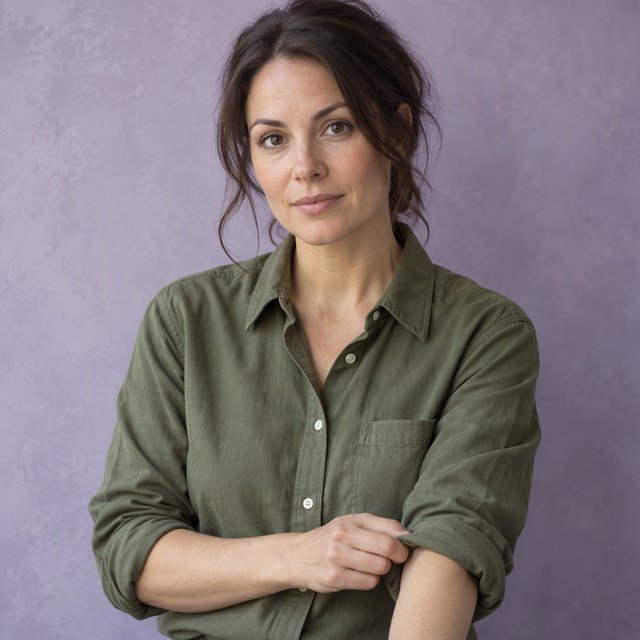 Portrait photograph of an adult woman in her late 30s wearing a moss-green cotton poplin shirt, fingers lightly turning its rolled cuff. Her calm, observant expression faces the camera against a chalky lavender backdrop, lit by soft diffused skylight. — GPT Image 2.5 Sunburst