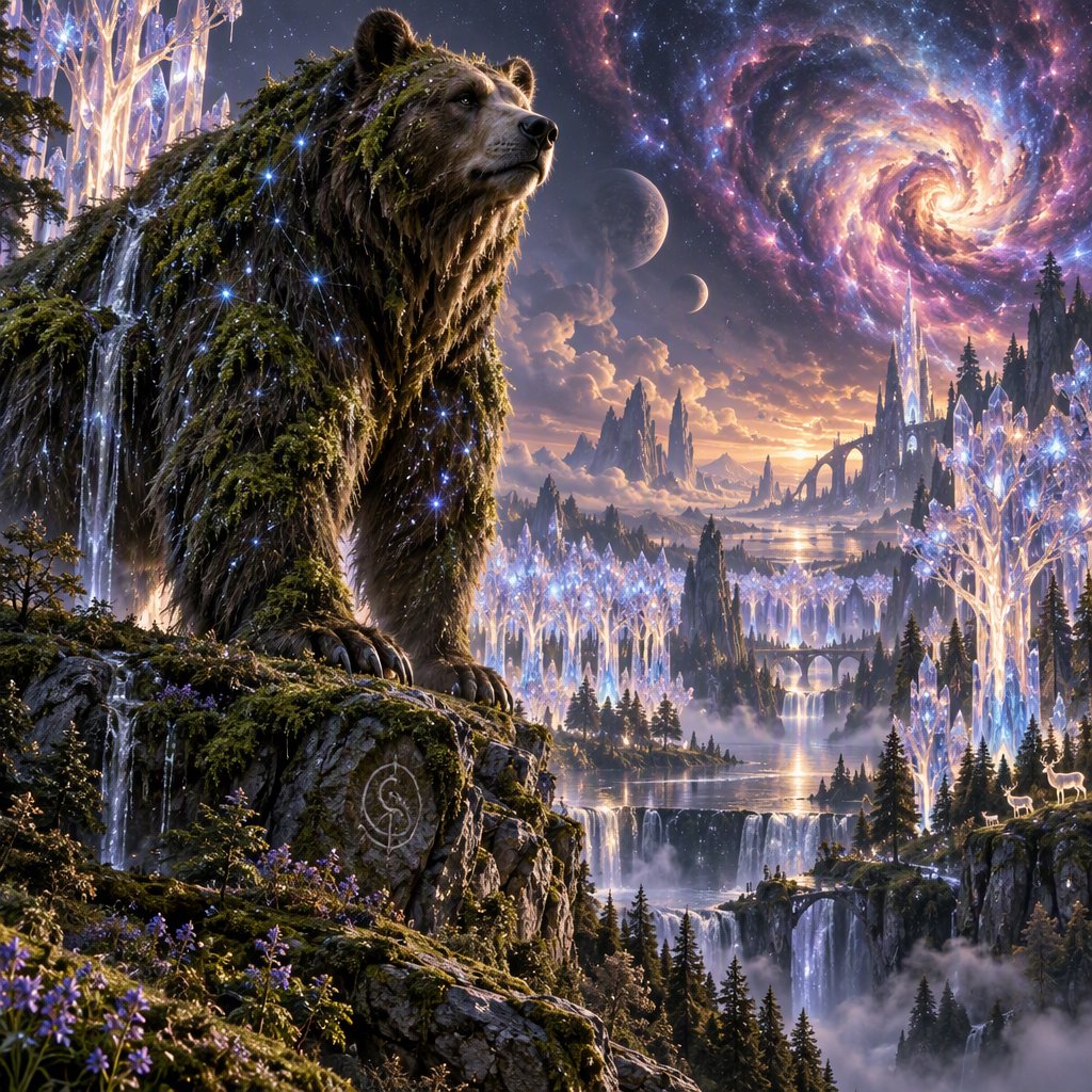 A colossal ancient bear, its fur woven with moss and starlight, stands at the edge of a shimmering, otherworldly forest. The trees are made of crystal and emit a soft, ethereal glow. In the distance, a nebula swirls in the twilight sky. The scene is rendered in a fantasy art style, with surrealist elements and cinematic lighting that emphasizes the majestic scale of nature. — GPT Image 2.5 Sunburst