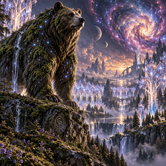 A colossal ancient bear, its fur woven with moss and starlight, stands at the edge of a shimmering, otherworldly forest. The trees are made of crystal and emit a soft, ethereal glow. In the distance, a nebula swirls in the twilight sky. The scene is rendered in a fantasy art style, with surrealist elements and cinematic lighting that emphasizes the majestic scale of nature. — GPT Image 2.5 Sunburst