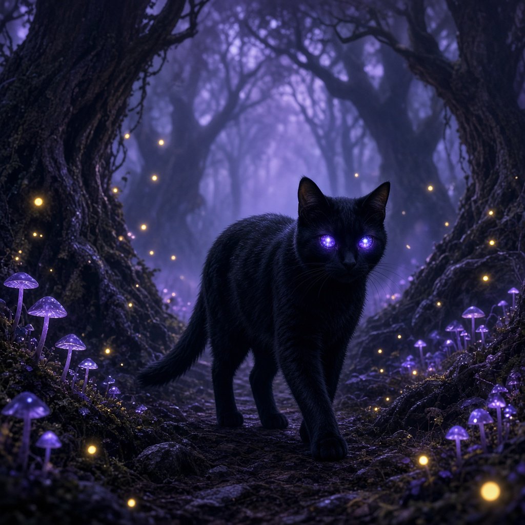 A sleek, obsidian cat with fur that seems to absorb all light, walks with quiet grace through a tranquil, mist-shrouded forest. Its eyes glow with an inner cosmic energy, reflecting distant nebulae. Ethereal fireflies drift around it, illuminating ancient, gnarled trees and glowing mushrooms. The style is deeply atmospheric, emphasizing soft focus and a palette of deep purples and blues. — Grok Imagine Image 2