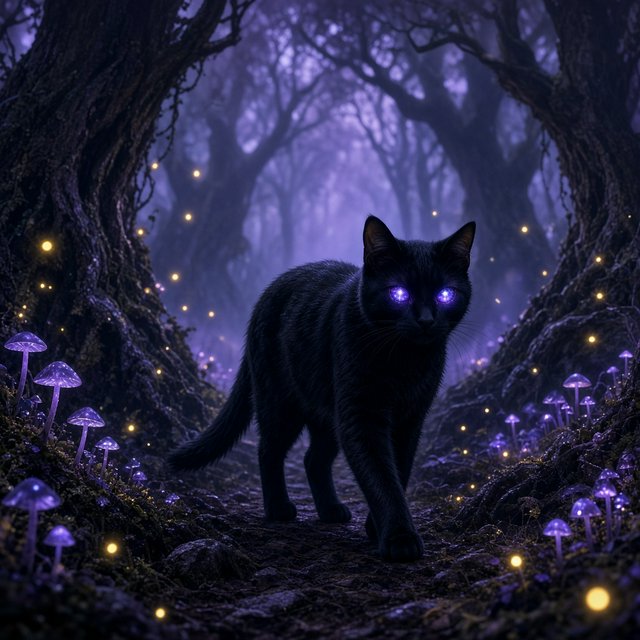 A sleek, obsidian cat with fur that seems to absorb all light, walks with quiet grace through a tranquil, mist-shrouded forest. Its eyes glow with an inner cosmic energy, reflecting distant nebulae. Ethereal fireflies drift around it, illuminating ancient, gnarled trees and glowing mushrooms. The style is deeply atmospheric, emphasizing soft focus and a palette of deep purples and blues. — Grok Imagine Image 2