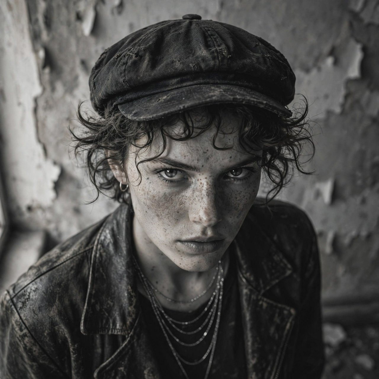 A monochrome, grainy, photorealistic medium close-up shot from a high angle: a young woman with messy, short curls, fair, freckled skin, and an intense, direct gaze into the camera. She is wearing a faded, worn-in black flat cap, a distressed vintage leather jacket over a dark undershirt, several thin silver chains, and a small hoop earring. Soft, diffused side lighting from the left casts gentle shadows across her face. In the background, a weathered wall with peeling plaster. Shallow depth of field, a moody, gritty film aesthetic, and sharp focus on the subject's eyes. — Muse Image 1.0