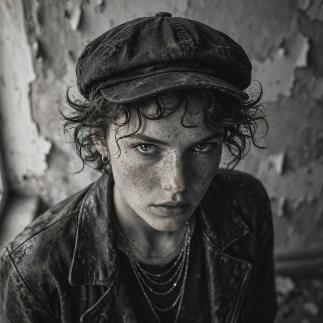A monochrome, grainy, photorealistic medium close-up shot from a high angle: a young woman with messy, short curls, fair, freckled skin, and an intense, direct gaze into the camera. She is wearing a faded, worn-in black flat cap, a distressed vintage leather jacket over a dark undershirt, several thin silver chains, and a small hoop earring. Soft, diffused side lighting from the left casts gentle shadows across her face. In the background, a weathered wall with peeling plaster. Shallow depth of field, a moody, gritty film aesthetic, and sharp focus on the subject's eyes. — Muse Image 1.0
