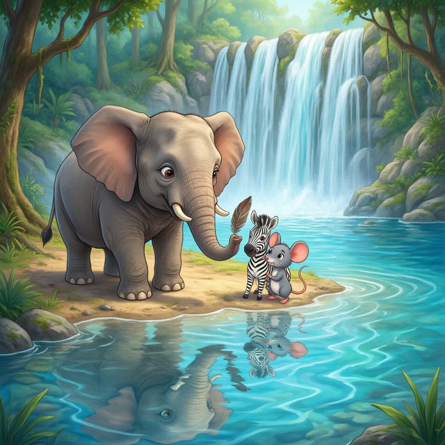 An adorable animal in a cartoon illustration, a cross between an elephant, a zebra, and a mouse. On the shore at the base of a magical waterfall flowing into a crystal-blue pond. Ripples create a wavy reflection in the water. — Qwen Image 3.0