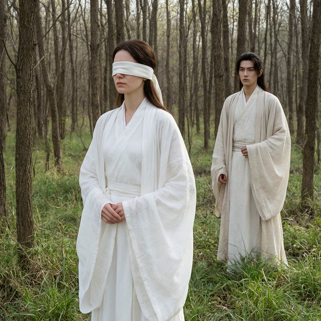A beautiful young adult woman in flowing white hanfu stands quietly in a sparse forest, blindfolded with a soft white cloth. Grass surrounds her feet, and the scene feels calm, mysterious, and poetic. A few steps behind her stands a young adult male Taoist in traditional robes, gazing at her with a mesmerized, captivated expression. Gentle natural light filters through the thin trees, creating an ethereal atmosphere. Cinematic, elegant, emotionally evocative. — Qwen Image 3.0 Pro
