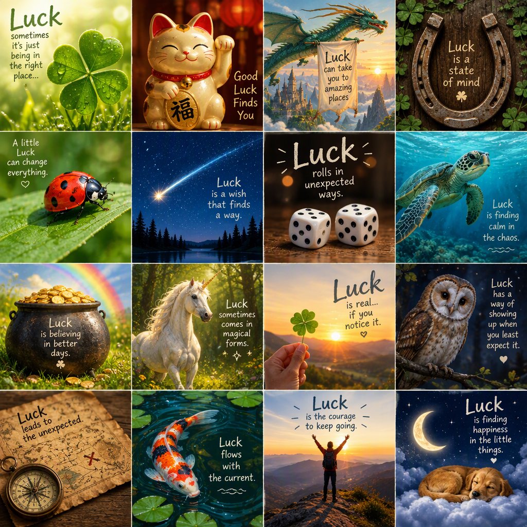Many panels. Each panel represents an item, thing, creature, or scene that represents Luck. The word "Luck" appears at least once in the image. Be as creative as possible. — GPT Image 2.5 Flare