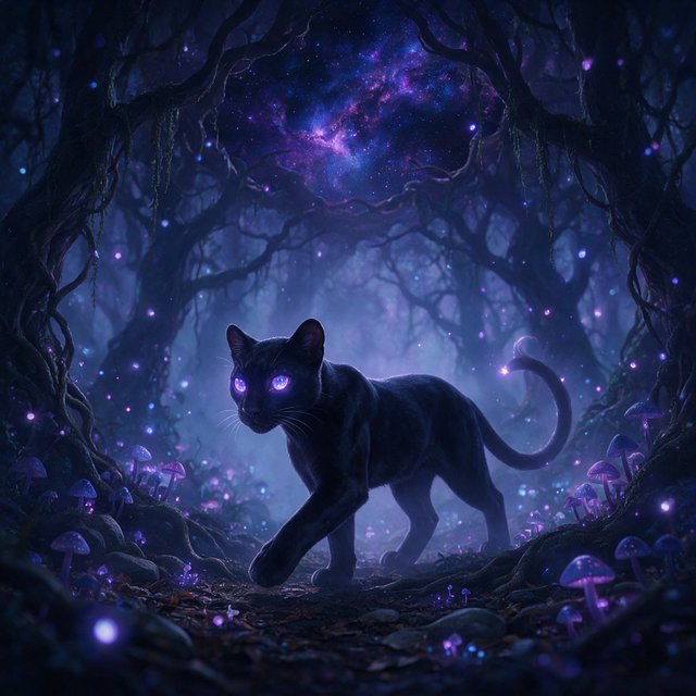 A sleek, obsidian cat with fur that seems to absorb all light, walks with quiet grace through a tranquil, mist-shrouded forest. Its eyes glow with an inner cosmic energy, reflecting distant nebulae. Ethereal fireflies drift around it, illuminating ancient, gnarled trees and glowing mushrooms. The style is deeply atmospheric, emphasizing soft focus and a palette of deep purples and blues. — Seedream 5.0 Pro