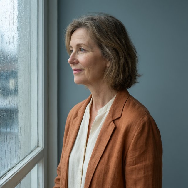 By a rain-streaked studio window, an adult woman in her early 60s turns in profile for a portrait photograph, wearing a copper-colored linen jacket over a cream cotton blouse. Her quietly amused expression rests against a muted blue-gray wall, shaped by cool, soft window light. — Qwen Image 3.0